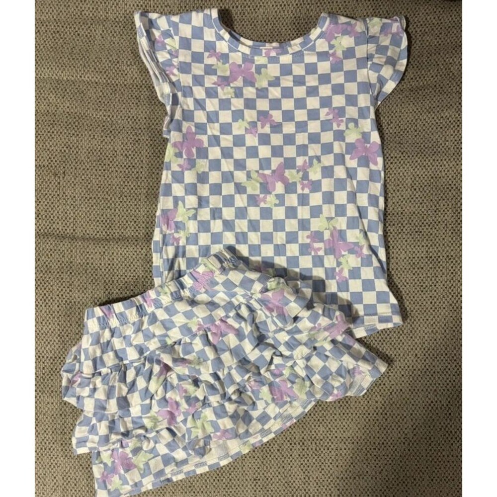 365 Kids Girls Size 5/6 Checkered Floral Ruffle Skort & Top Set Purple Blue